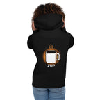 Hoodie 1 Up Pixel Coffee Mug Amber Glow - Modelo femenina espalda