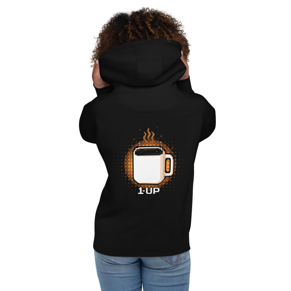 Hoodie 1 Up Pixel Coffee Mug Amber Glow - Modelo femenina espalda