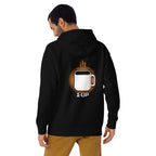 Hoodie 1 Up Pixel Coffee Mug Amber Glow - Modelo masculino espalda