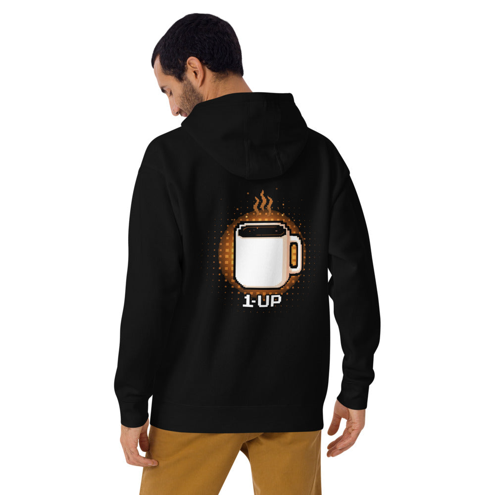 Hoodie 1 Up Pixel Coffee Mug Amber Glow - Modelo masculino espalda
