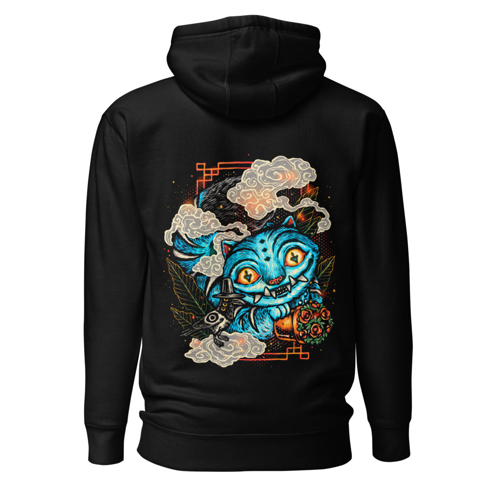 Hoodie Blue Fanged Cat Crow And Roses - Espalda
