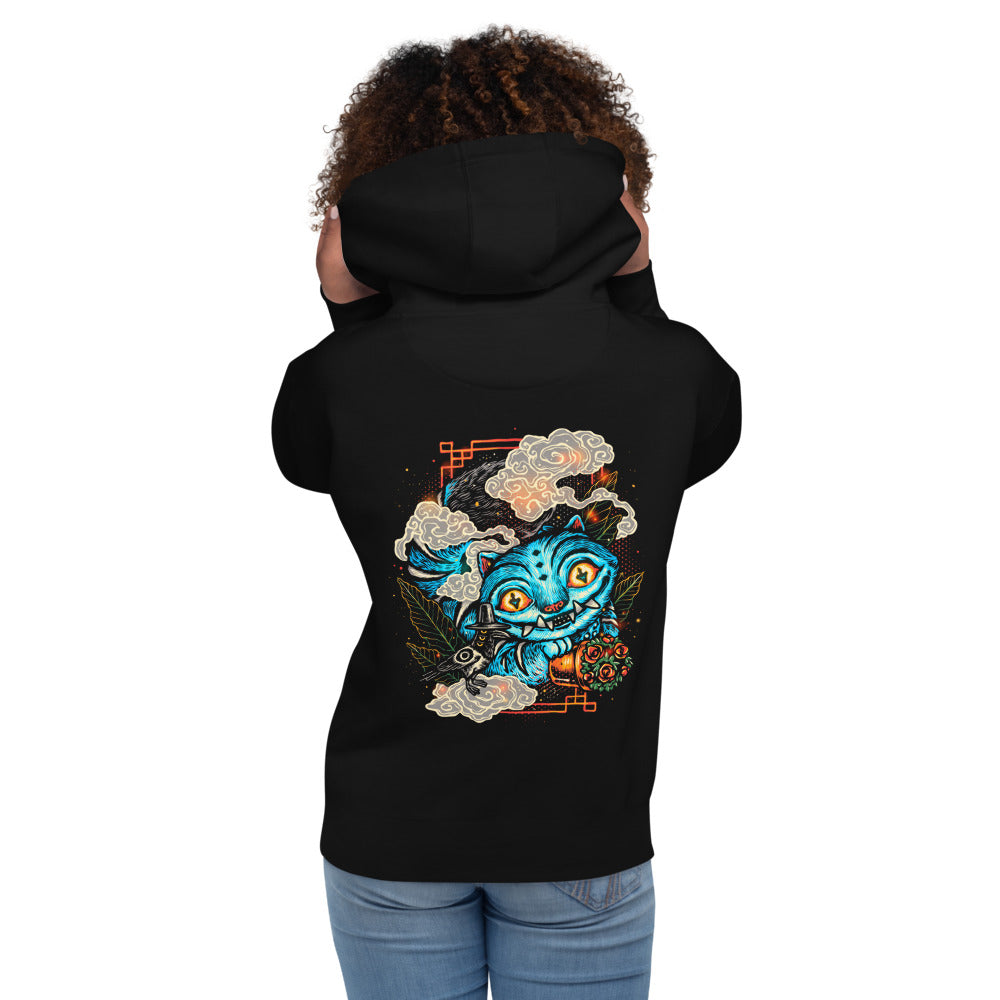 Hoodie Blue Fanged Cat Crow And Roses - Modelo femenina espalda