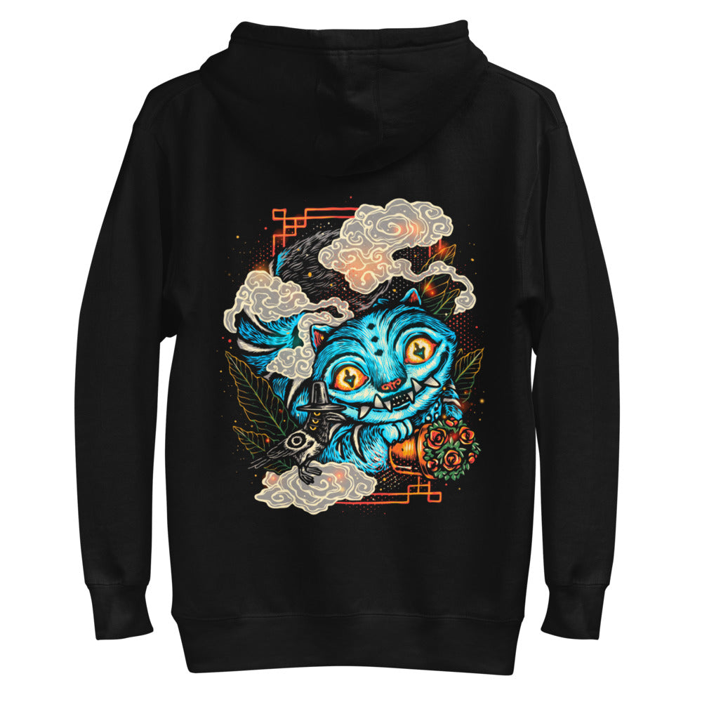 Hoodie Blue Fanged Cat Crow And Roses - Plano
