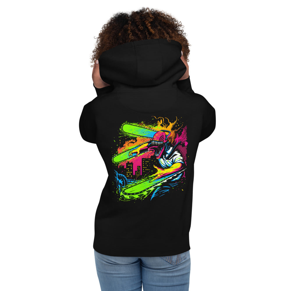 Hoodie Chainsaw Man Neon Splatter City - Modelo femenina espalda
