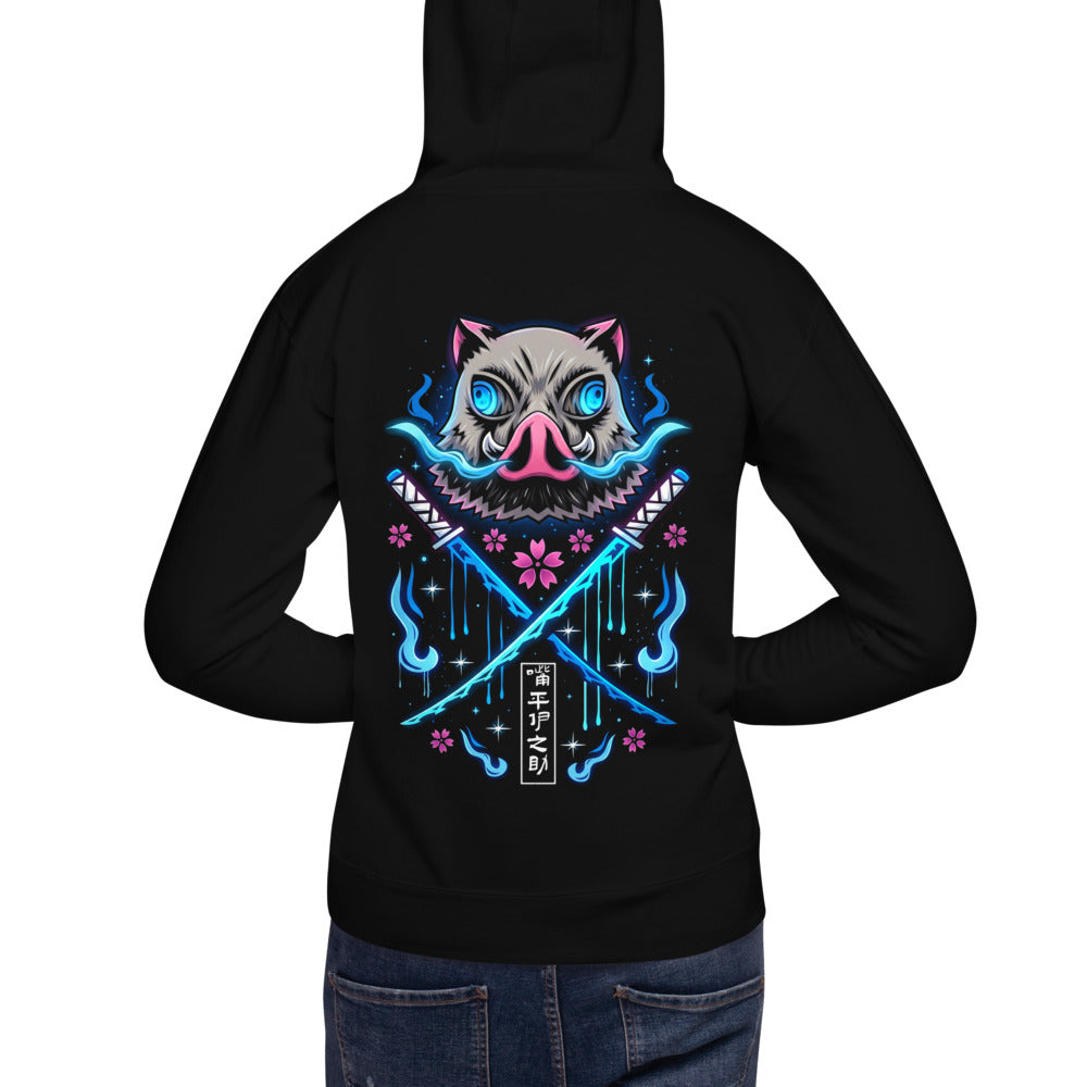 Hoodie Demon Slayer Inosuke Boar Mask Blue Flames - Modelo espalda A