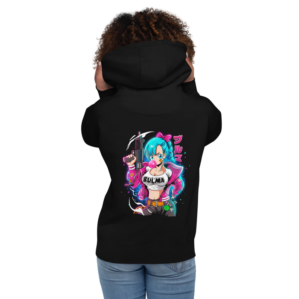 Hoodie Dragon Ball Bulma Neon Bubble Gum Jacket - Modelo femenina espalda