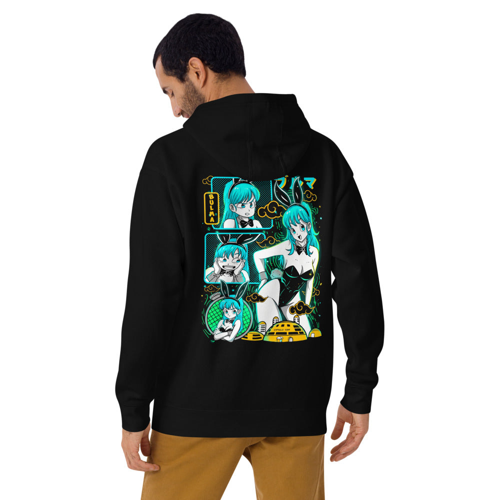 Hoodie Dragon Ball Bulma Neon Panels Dragon Radar - Modelo masculino espalda
