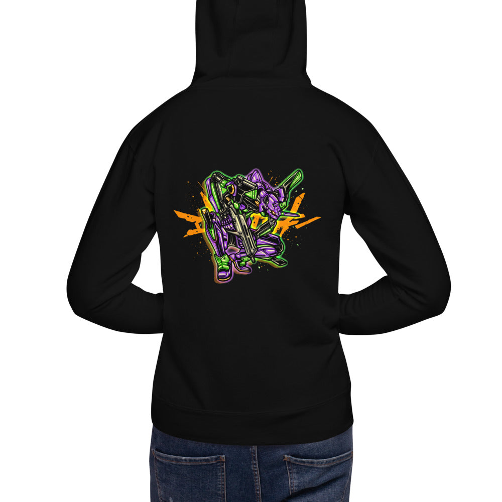 Hoodie Evangelion Unit 01 Crouching Orange Splatter - Modelo espalda A