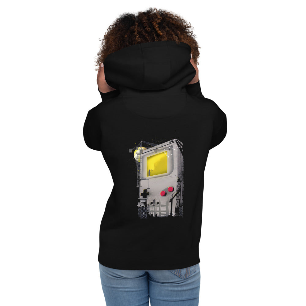 Hoodie Game Boy Under Construction Tower Cranes - Modelo femenina espalda