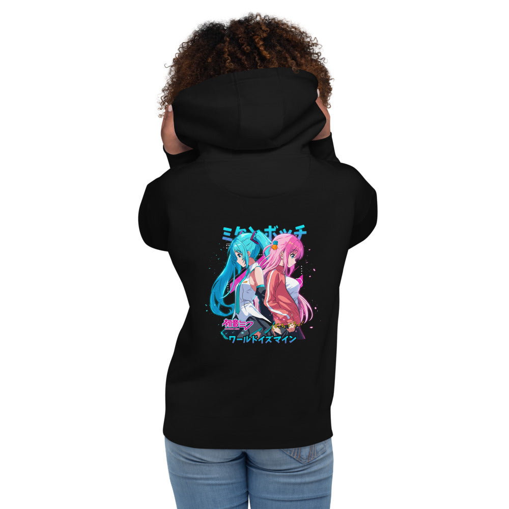 Hoodie Hatsune Miku Bocchi Back To Back Neon - Modelo femenina espalda