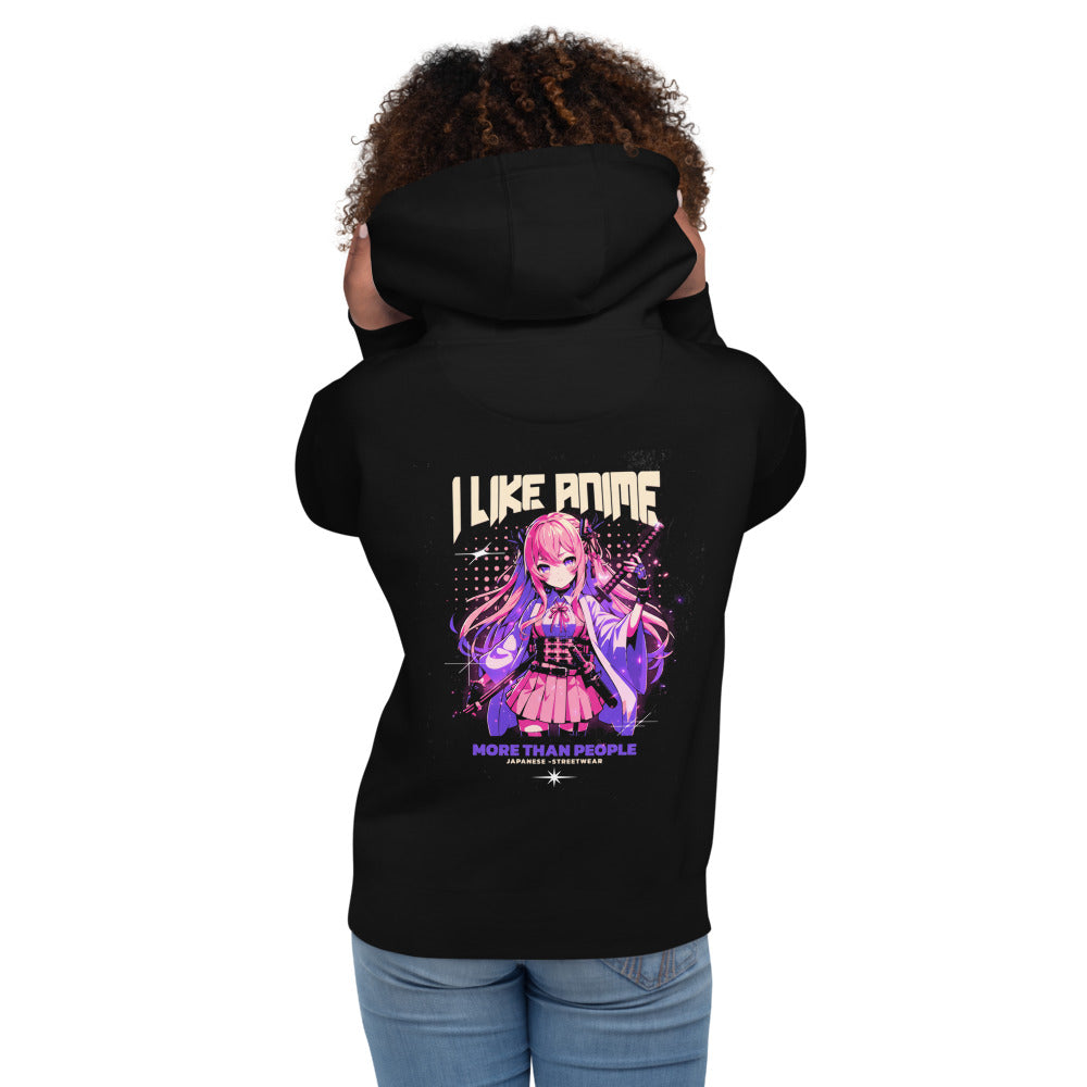 Hoodie I Like Anime More Than People - Modelo femenina espalda