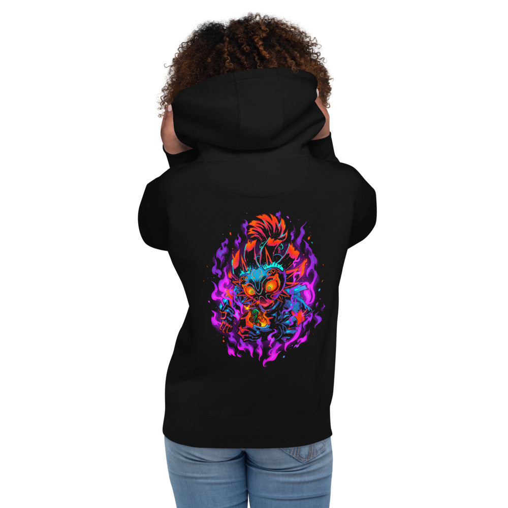 Hoodie Majora's Mask Skull Kid Neon Purple Flames - Modelo femenina espalda