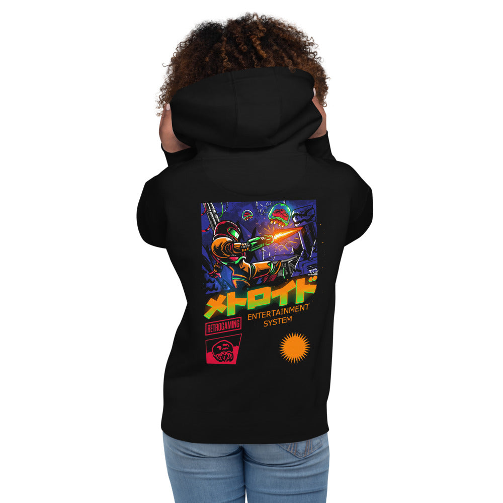 Hoodie Metroid Samus Retrogaming Katakana Box - Modelo femenina espalda