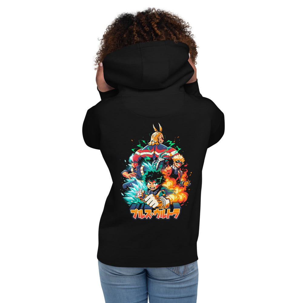 Hoodie My Hero Academia Plus Ultra Deku Todoroki Bakugo - Modelo femenina espalda