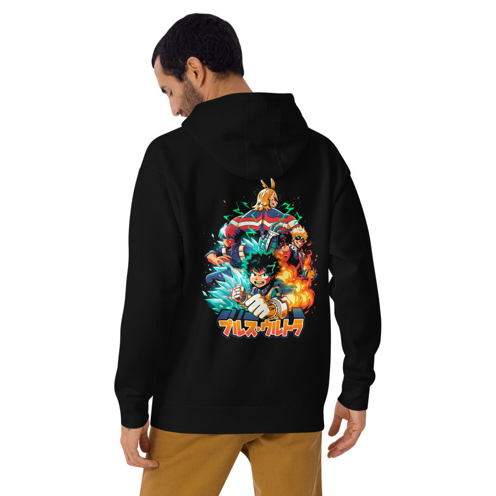 Hoodie My Hero Academia Plus Ultra Deku Todoroki Bakugo - Modelo masculino espalda