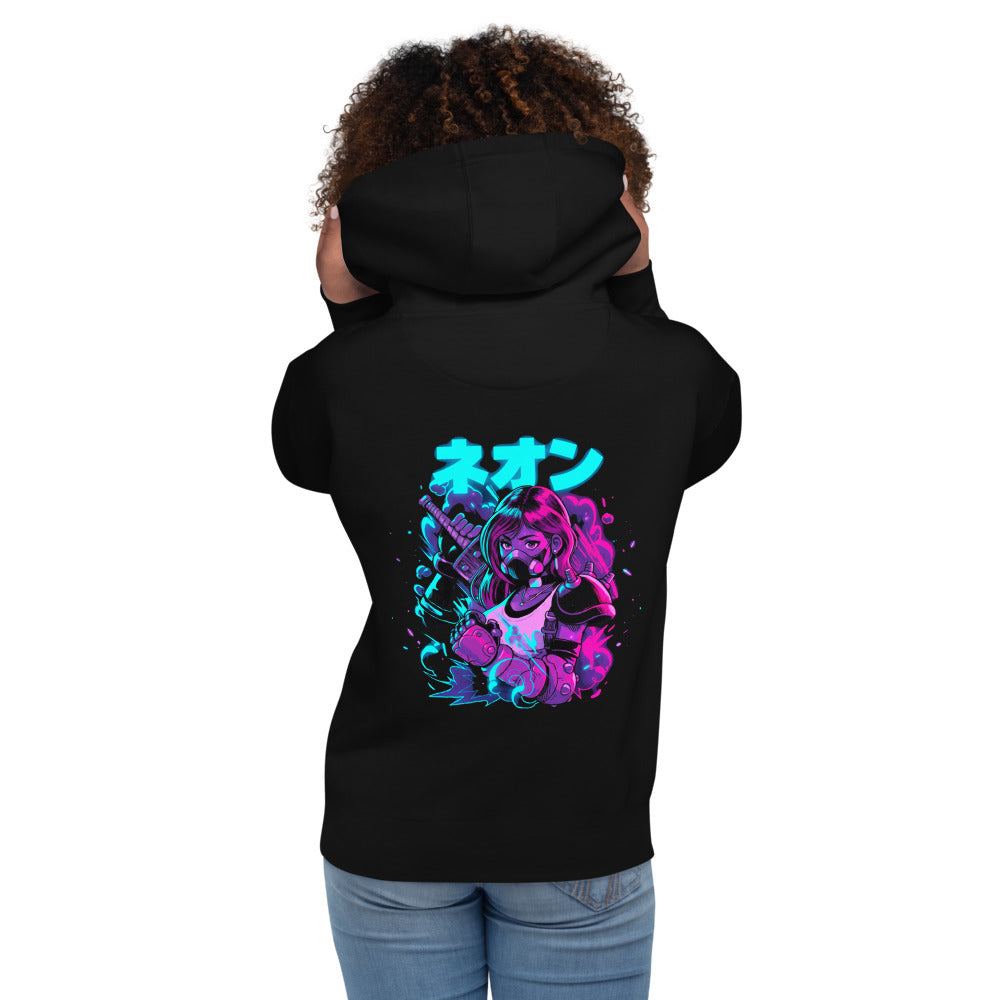 Hoodie Neon Gas Mask Girl Cyberpunk Armor - Modelo femenina espalda