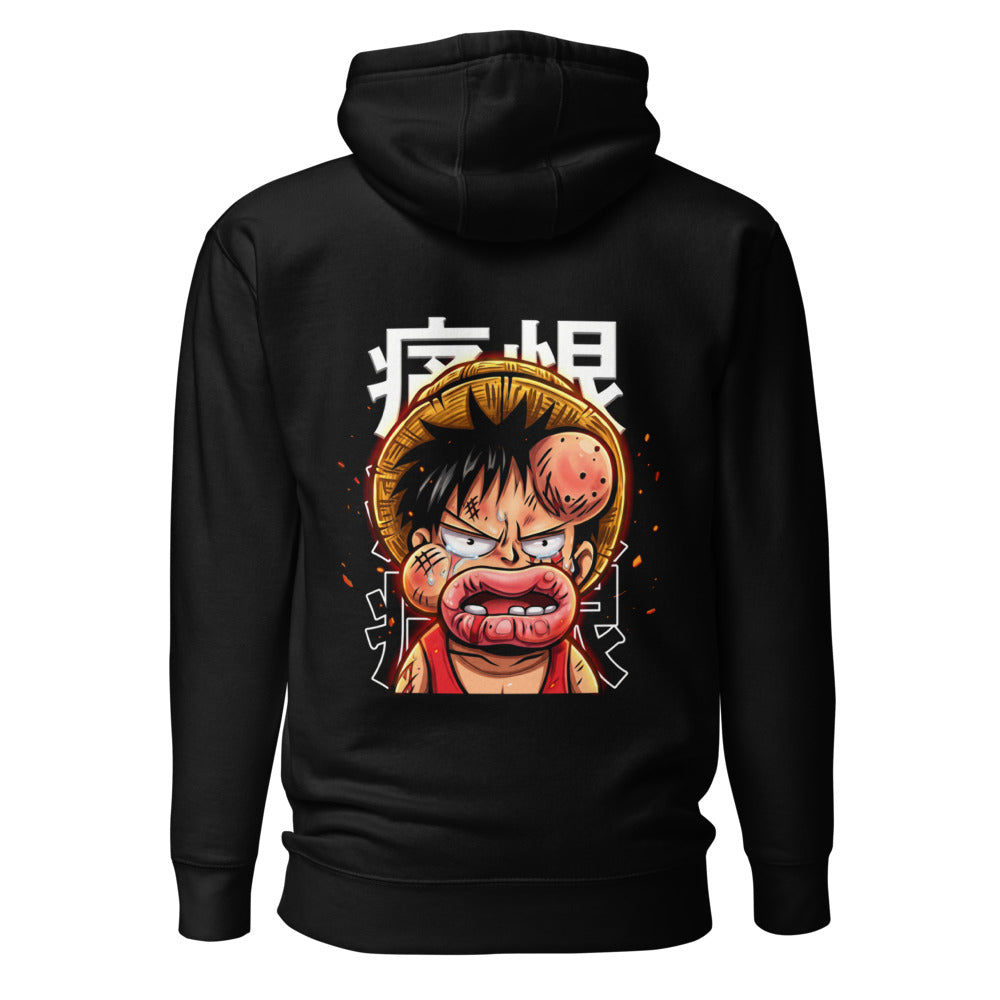 Hoodie One Piece Luffy Crying Swollen Lips Kanji - Espalda