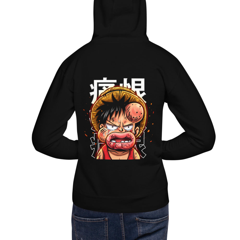 Hoodie One Piece Luffy Crying Swollen Lips Kanji - Modelo espalda A