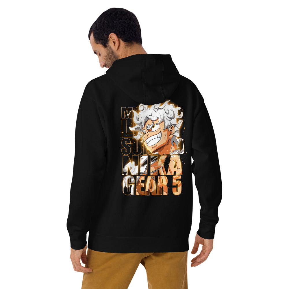 Hoodie One Piece Luffy Gear 5 Nika Gold Typography - Modelo masculino espalda