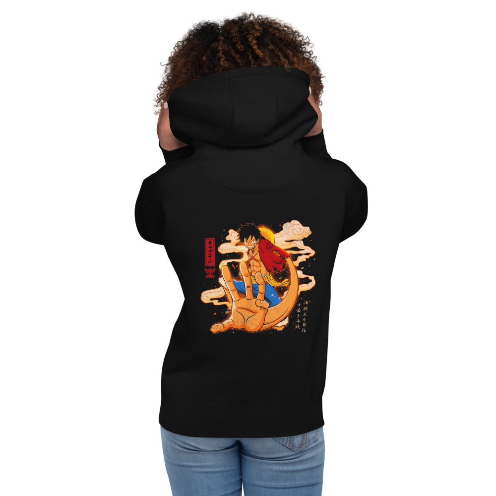 Hoodie One Piece Luffy Giant Hand Captain Clouds - Modelo femenina espalda
