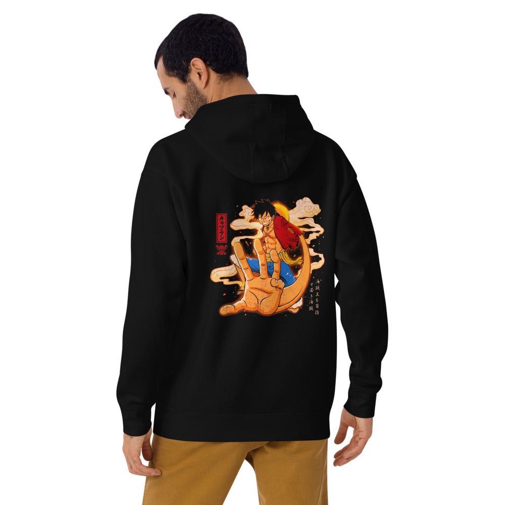 Hoodie One Piece Luffy Giant Hand Captain Clouds - Modelo masculino espalda