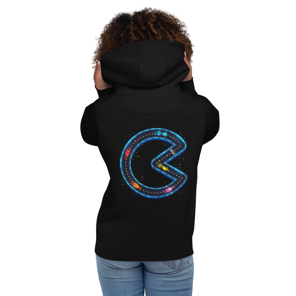 Hoodie Pac-Man Ghost F1 Racers Neon Track - Modelo femenina espalda