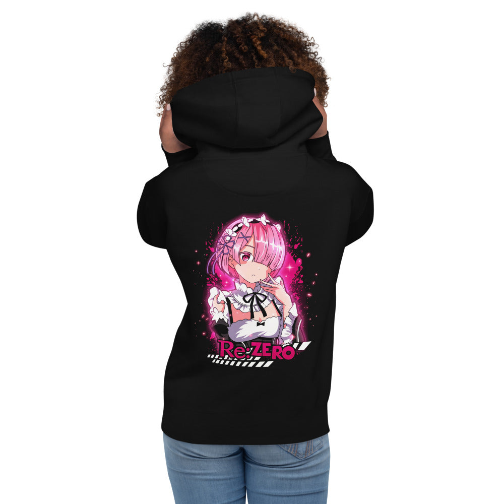 Hoodie Re Zero Ram Pink Maid Splash - Modelo femenina espalda