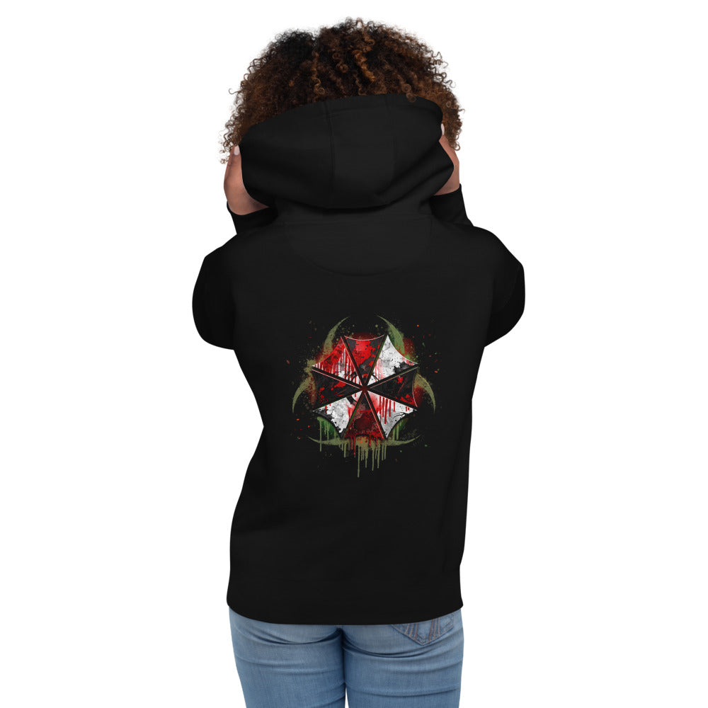 Hoodie Resident Evil Umbrella Biohazard Grunge Logo - Modelo femenina espalda