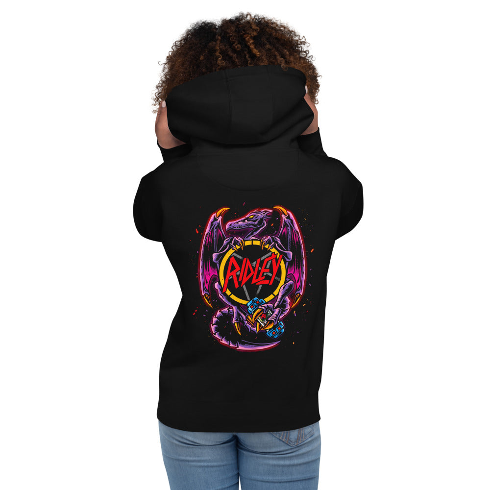 Hoodie Ridley Metroid Metal Logo Pentagram Dragon - Modelo femenina espalda