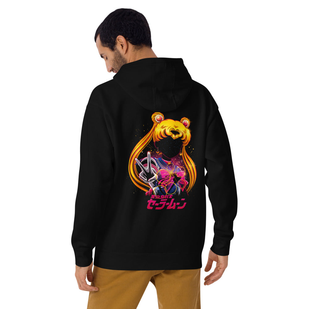 Hoodie Sailor Moon Galaxy Face Peace Sign - Modelo masculino espalda