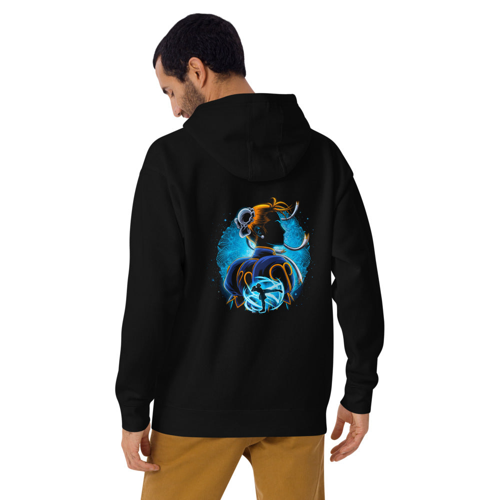 Hoodie Street Fighter Chun-Li Blue Lotus Kick - Modelo masculino espalda