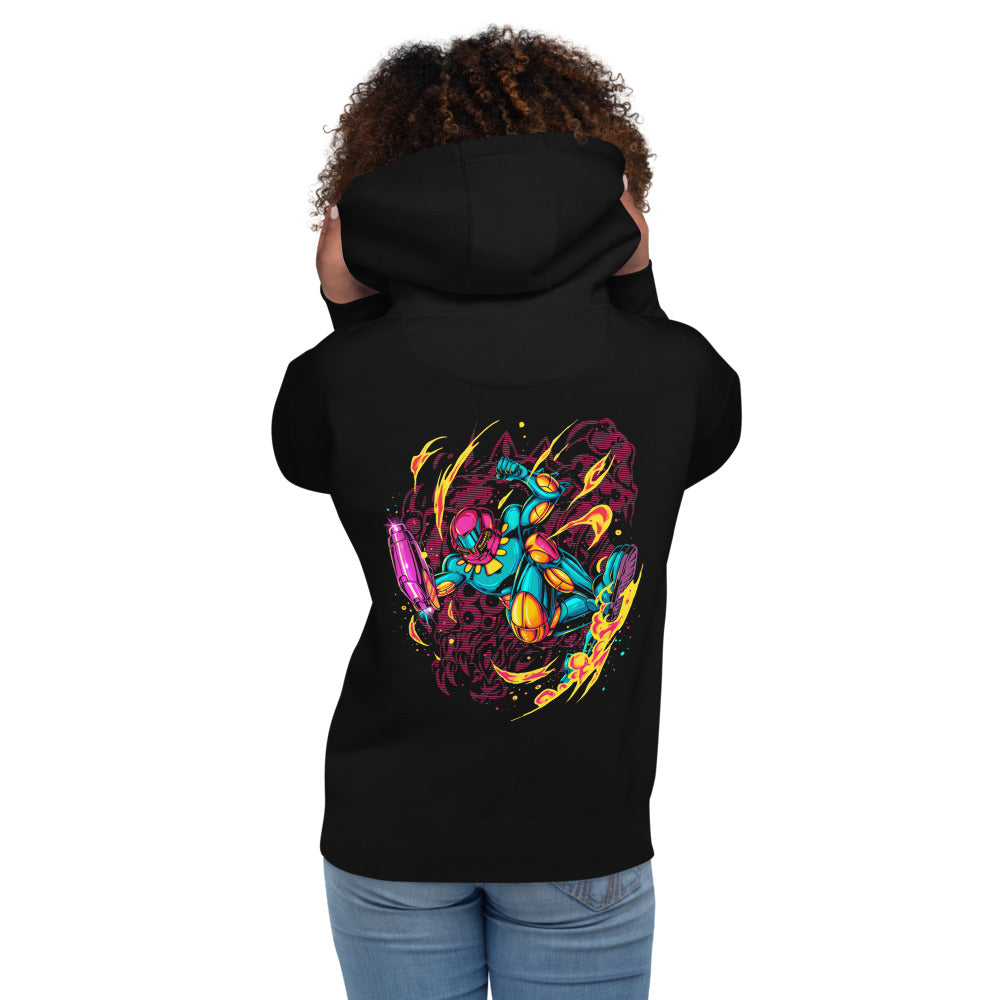 Hoodie Teal Power Suit Arm Cannon Jump Kick - Modelo femenina espalda