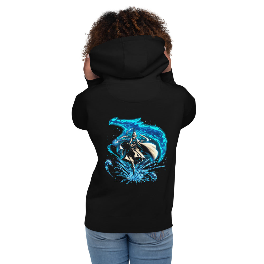 Hoodie Water Wizard Blue Dragon Splash - Modelo femenina espalda