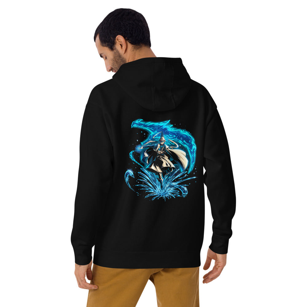 Hoodie Water Wizard Blue Dragon Splash - Modelo masculino espalda
