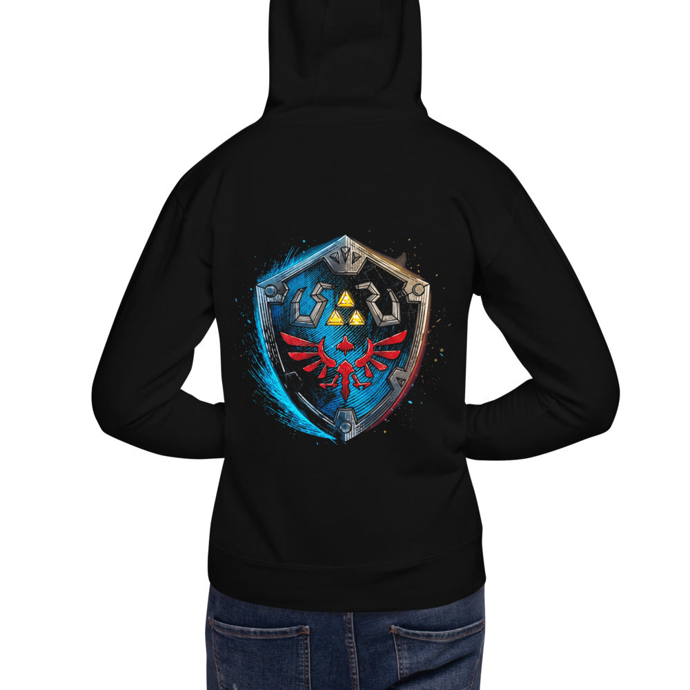 Hoodie Zelda Hylian Shield Triforce Blue Brushstroke - Modelo espalda A