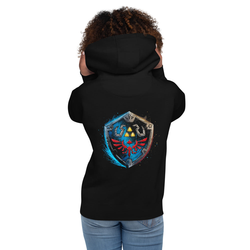 Hoodie Zelda Hylian Shield Triforce Blue Brushstroke - Modelo femenina espalda