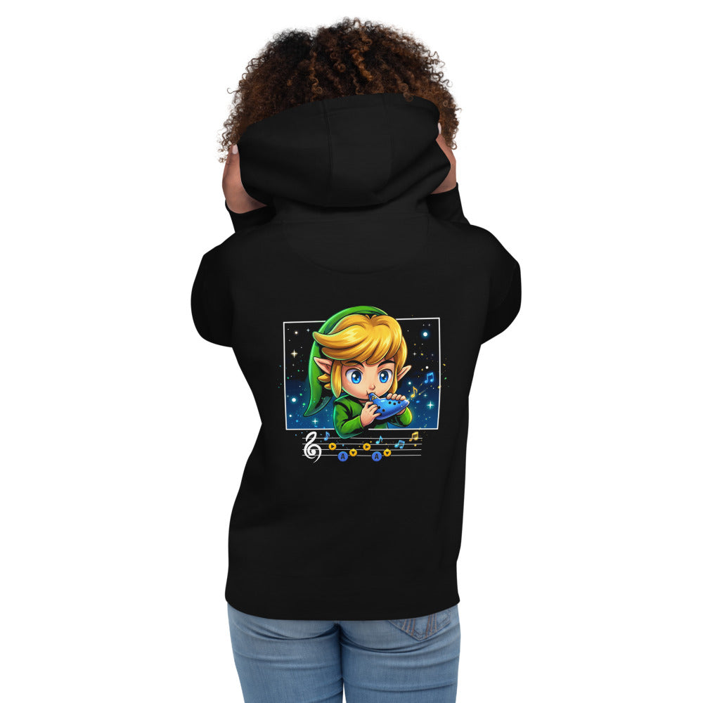 Hoodie Zelda Link Chibi Ocarina Melody - Modelo femenina espalda