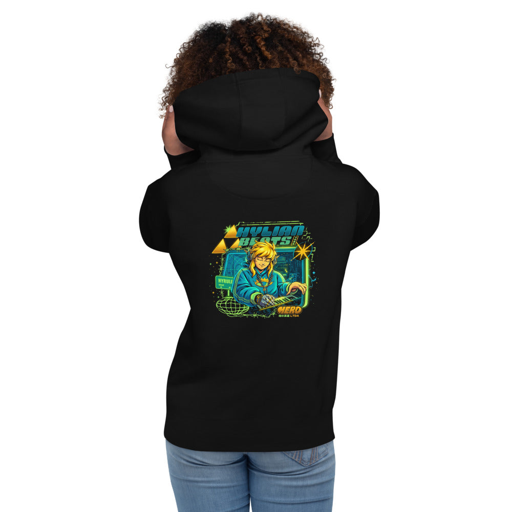 Hoodie Zelda Link Hylian Beats Synth - Modelo femenina espalda