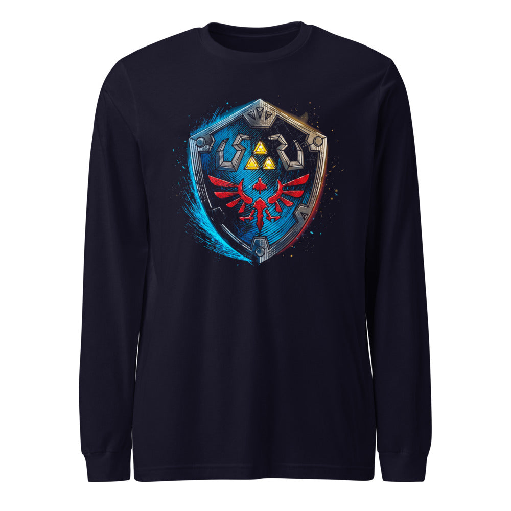Manga Larga Zelda Hylian Shield Triforce Blue Brushstroke - Frente