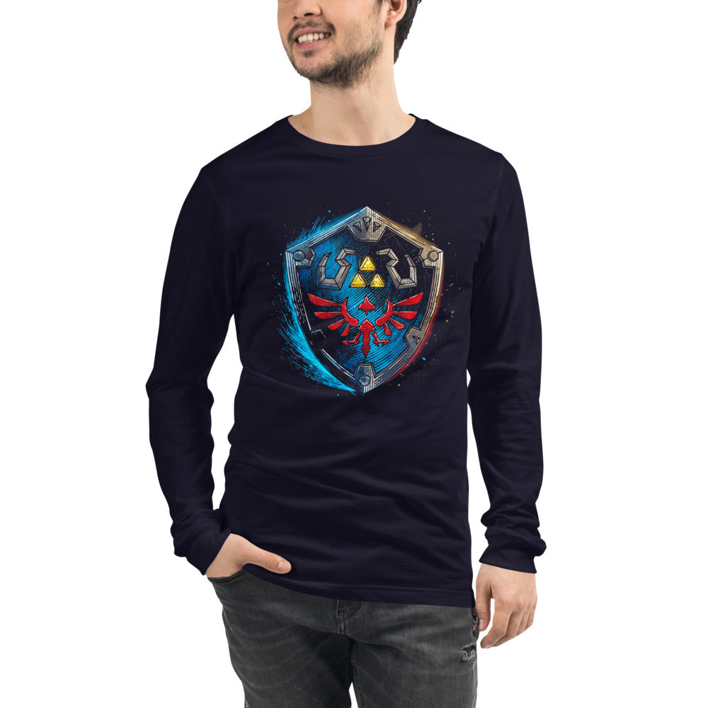 Manga Larga Zelda Hylian Shield Triforce Blue Brushstroke - Modelo masculino