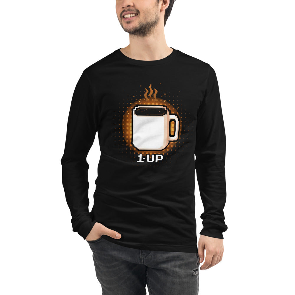 Manga Larga 1 Up Pixel Coffee Mug Amber Glow - Modelo masculino