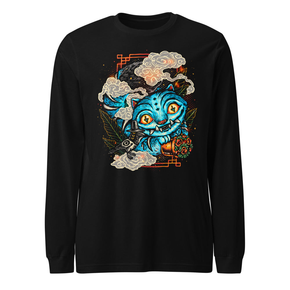 Manga Larga Blue Fanged Cat Crow And Roses - Frente