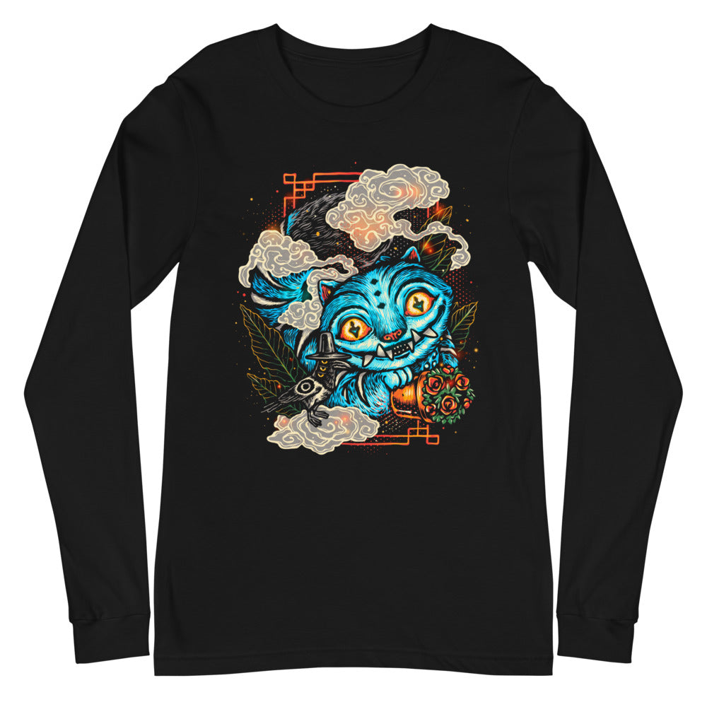 Manga Larga Blue Fanged Cat Crow And Roses - Plano