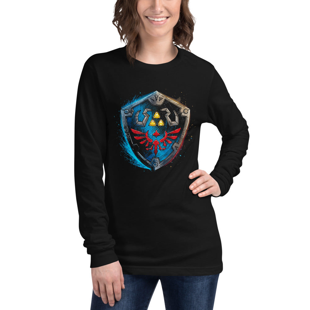 Manga Larga Zelda Hylian Shield Triforce Blue Brushstroke - Modelo femenina