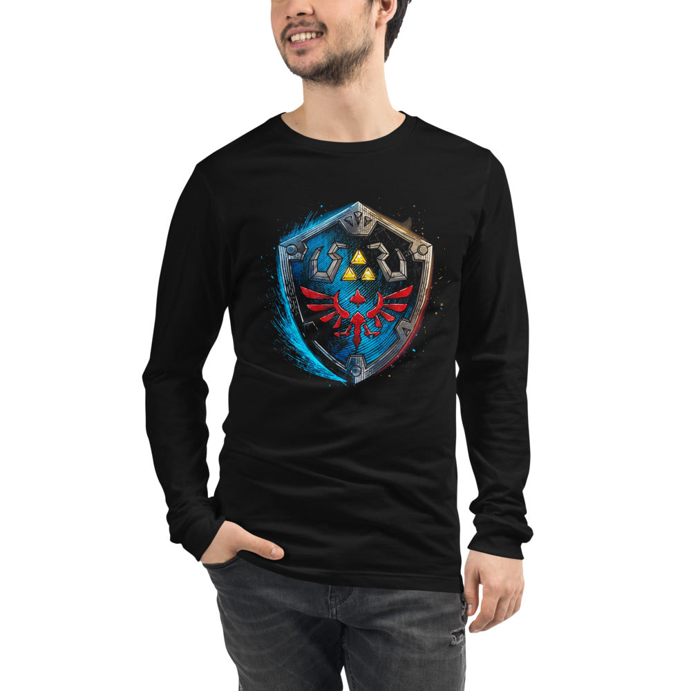 Manga Larga Zelda Hylian Shield Triforce Blue Brushstroke - Modelo masculino