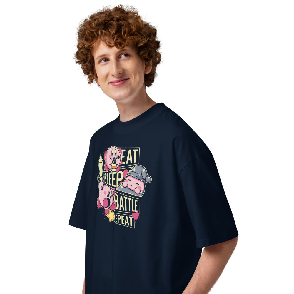 Oversize Eat, Sleep, Battle and Repeat Kirby - Modelo masculino lateral