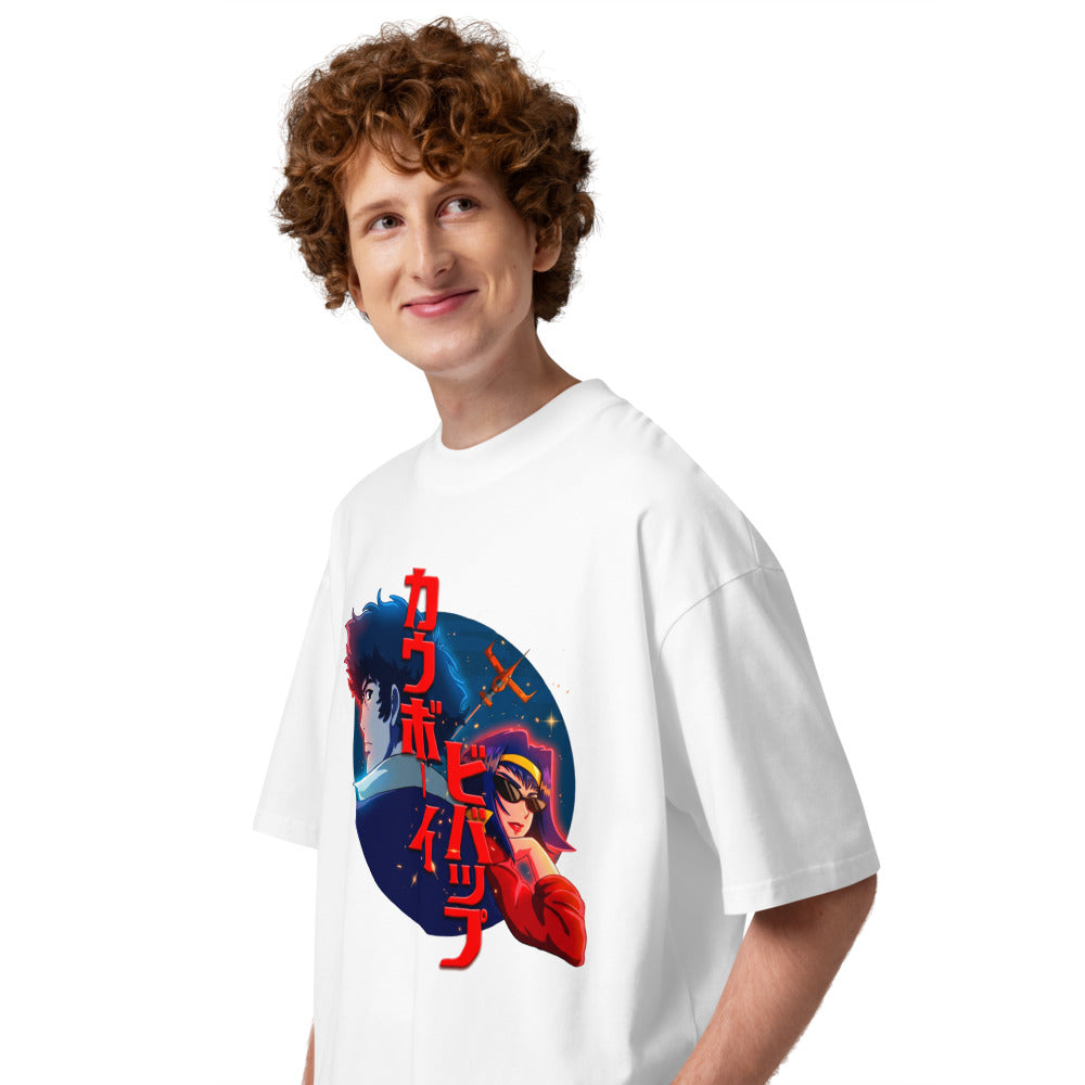 Oversize Cowboy Bebop Spike And Faye Red Katakana - Modelo masculino lateral