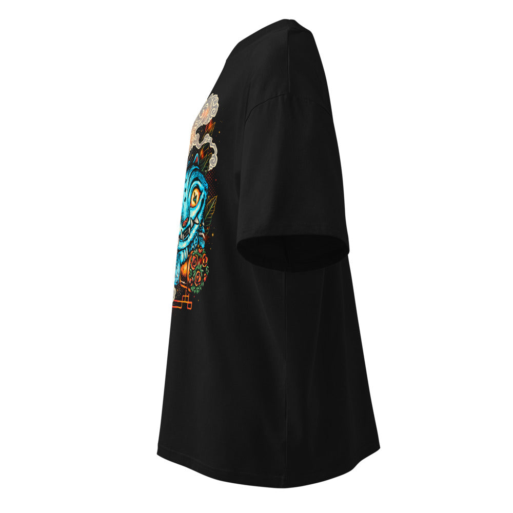 Oversize Blue Fanged Cat Crow And Roses - Lateral fantasma