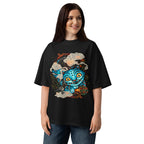 Oversize Blue Fanged Cat Crow And Roses - Modelo femenina