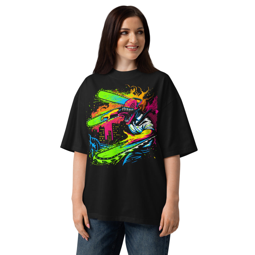 Oversize Chainsaw Man Neon Splatter City - Modelo femenina